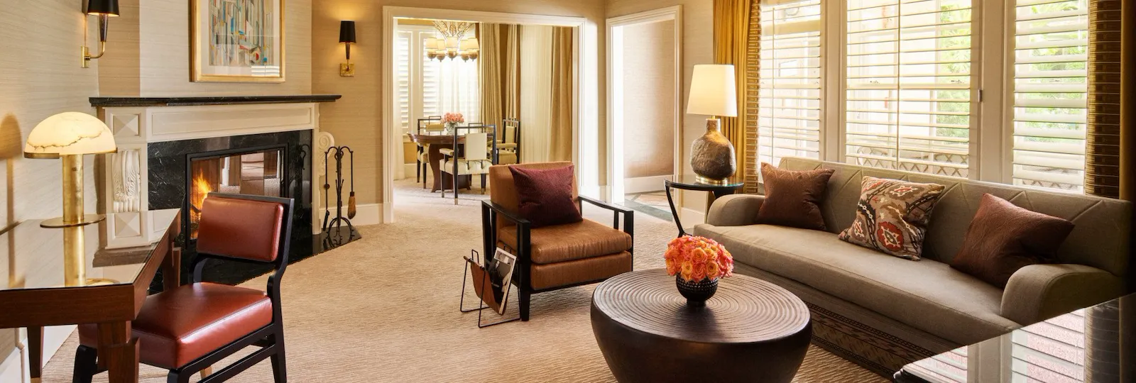 Crescent Bungalow Suite Living area with fireplace at The Beverly Hills Hotel, Los Angeles