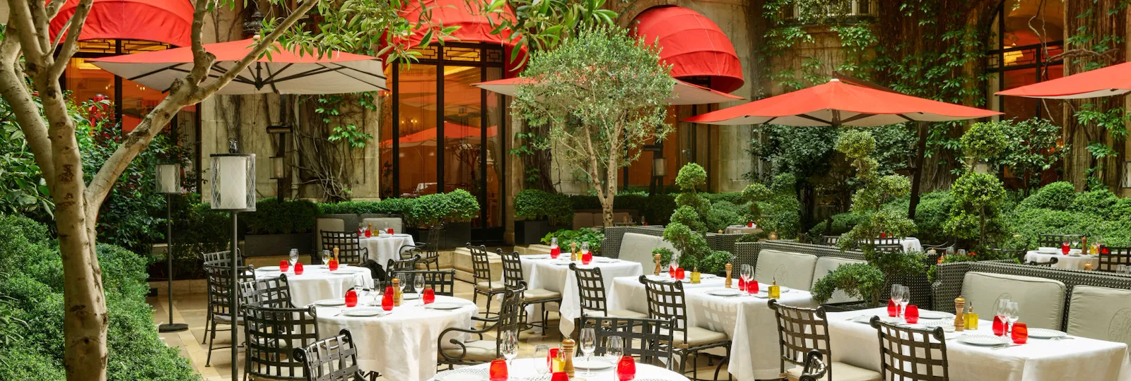Terrace of La Cour Jardin with drawn up tables, iconic red parasols, green vine and trees seen from the side, at Hotel Plaza Athénée, Paris