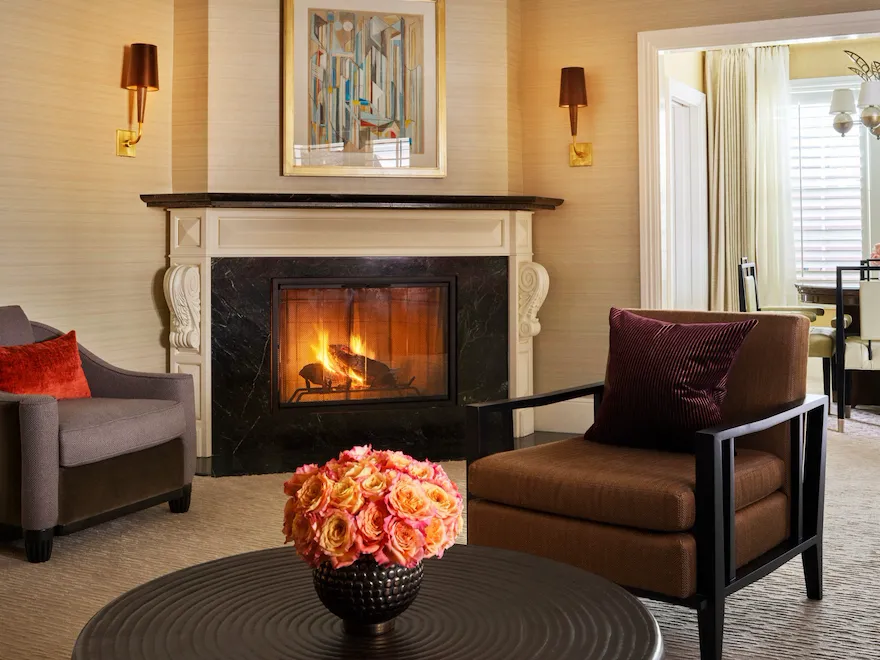 Crescent Bungalow Suite Living area with fireplace at The Beverly Hills Hotel, Los Angeles