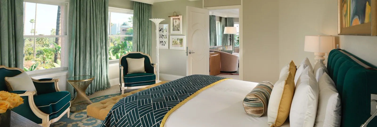 Beverly Hills Suite Bedroom with Palm Tree Views at The Beverly Hills Hotel