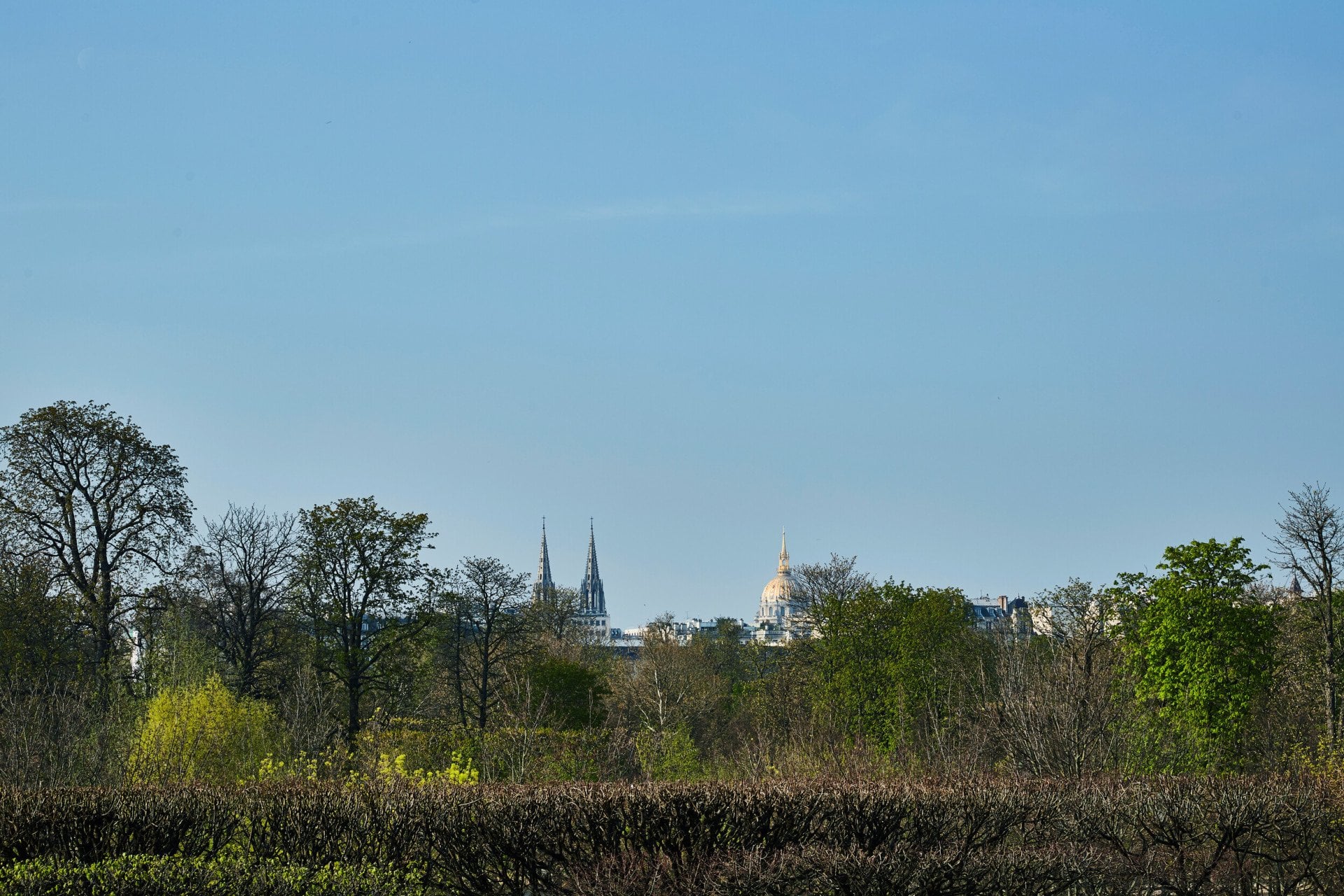 View from the Heritage Suite, with a clear sky and trees in the forefront of the picture.  At Le Meurice, Paris.