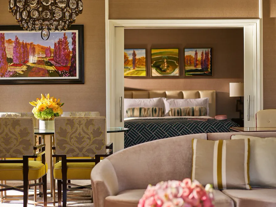 Beverly Hills Suite with Patio living room with view into the bedroom and dining area