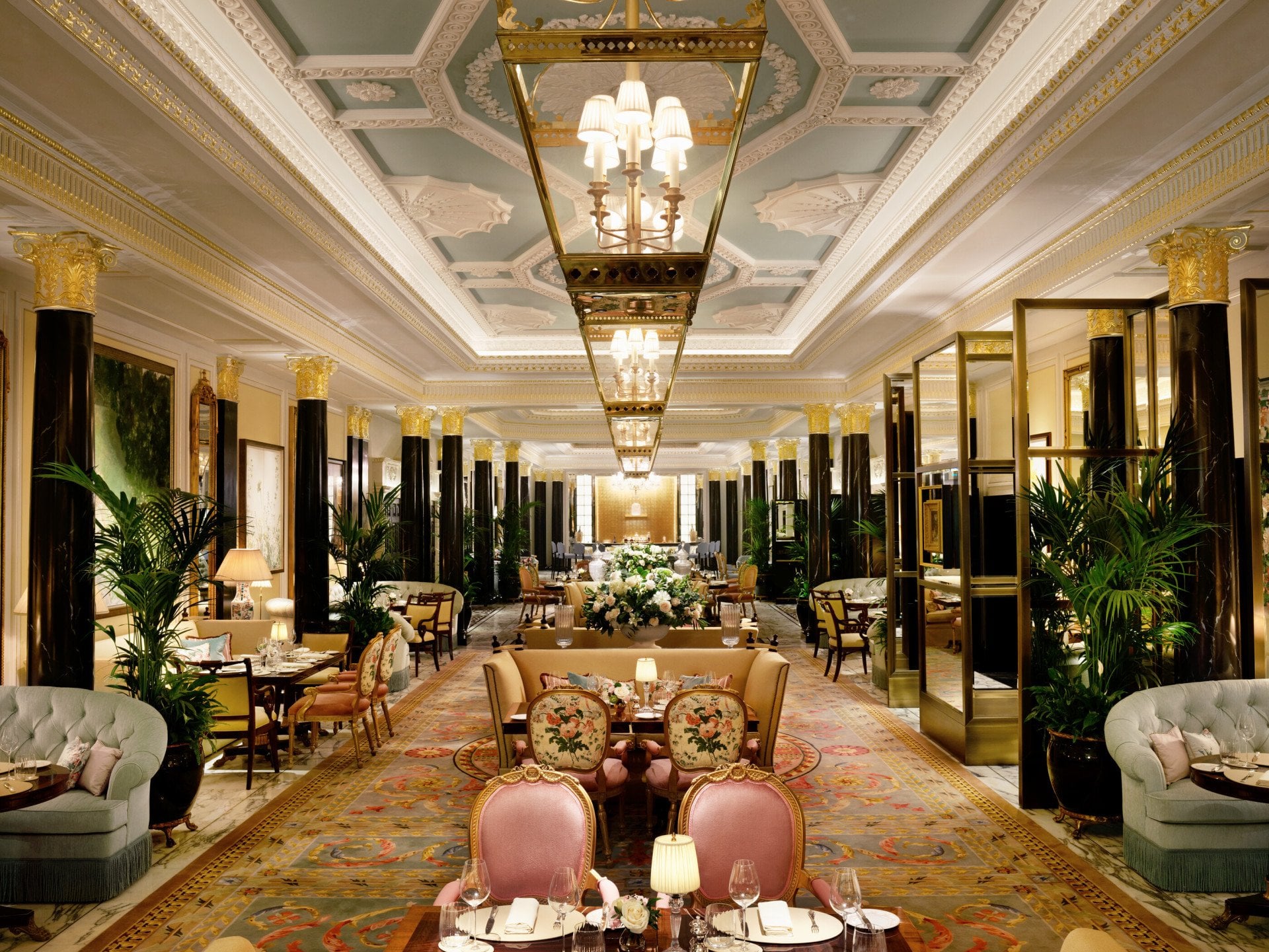 The Promenade at the Dorchester artwork and set up for afternon tea