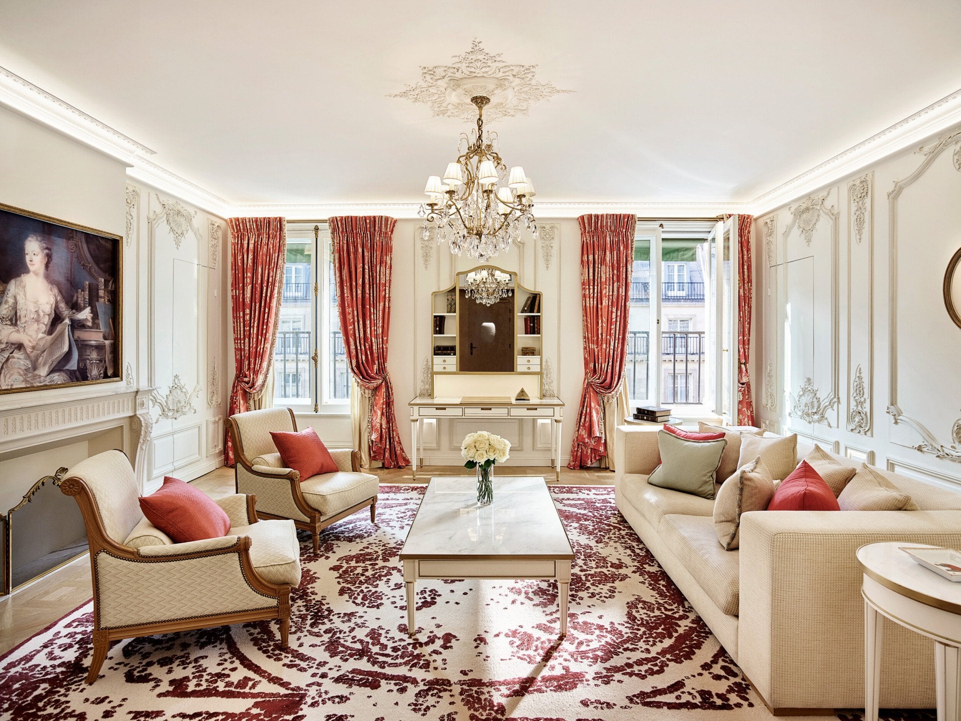 Living room facing windows in the Pompadour suite at Le Meurice, Paris.