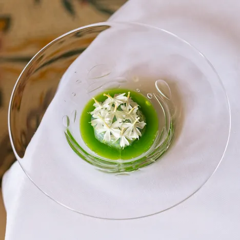 Spider crab, pees and flowers in a transparent plate served at Le Meurice Alain Ducasse.