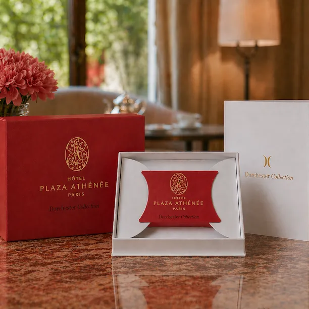 Gift cards on a table at La Galerie, Plaza Athénée.